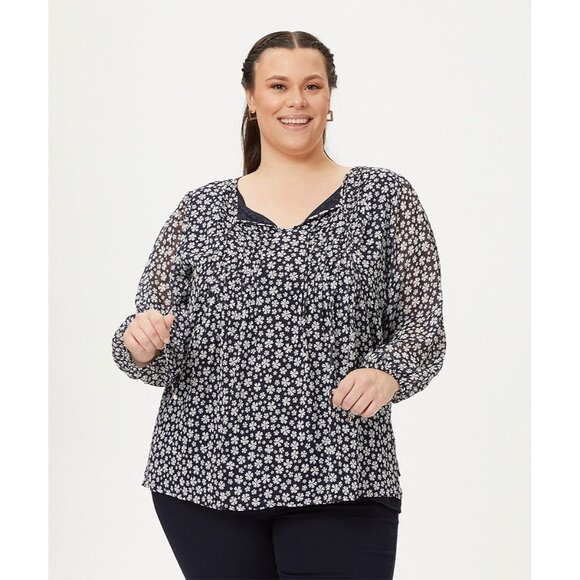 Tommy Hilfiger Plus Size 0X Printed Pintuck Tie-Neck Blouse Navy Blue MSRP $90 - Picture 1 of 1